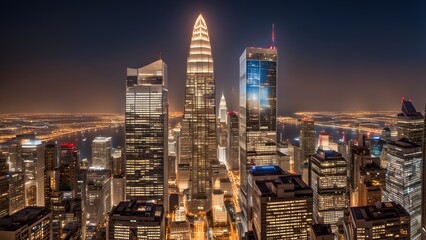 A city skyline at night with a tall building in the middle