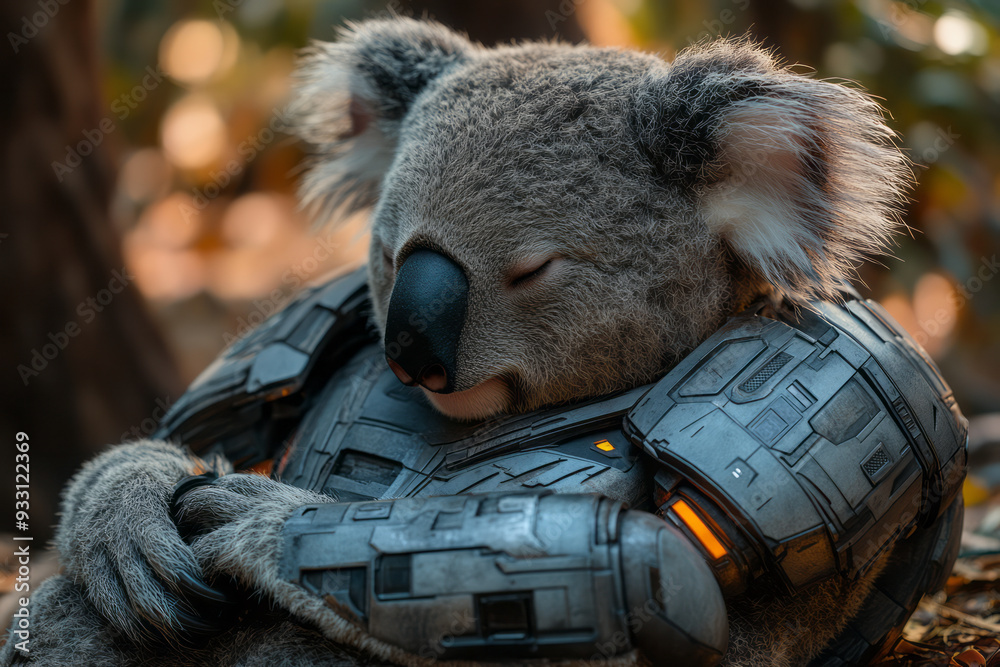 Poster A koala cuddling with a heated, plush robot designed to simulate warmth and comfort,