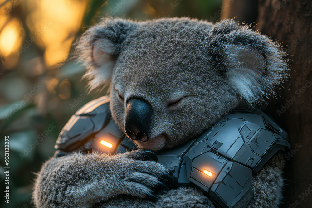 Poster A koala cuddling with a heated, plush robot designed to simulate warmth and comfort,