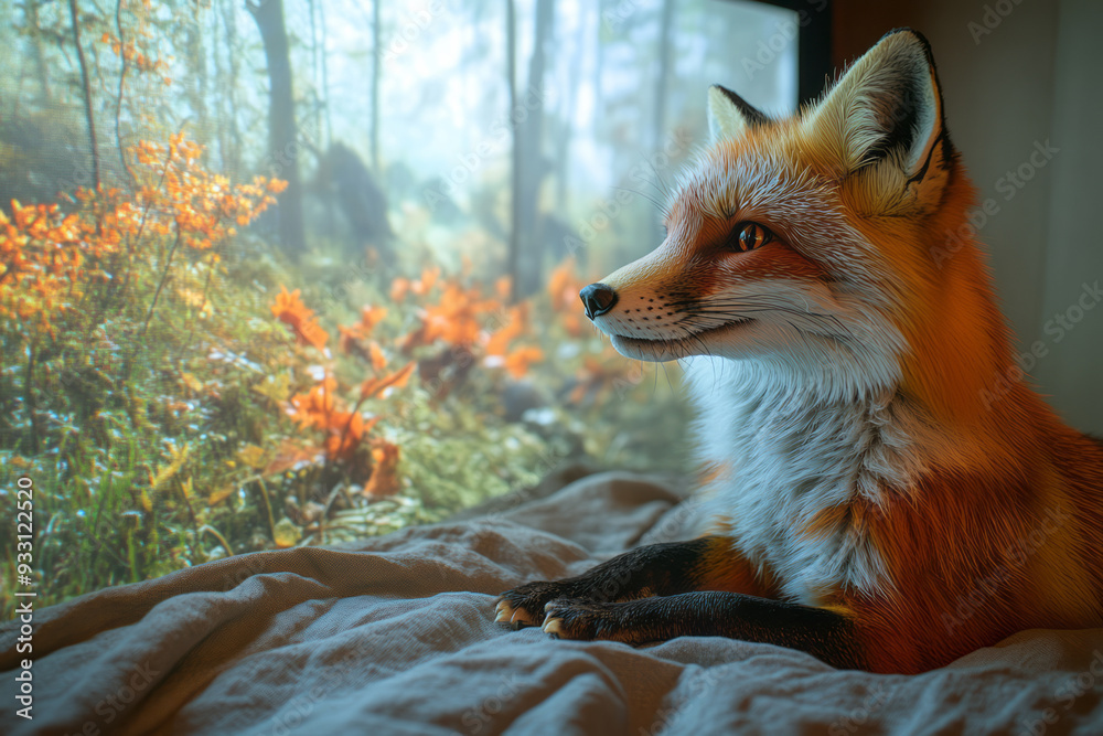 Poster a fox playing in a virtual forest projected onto the walls of a smart home, chasing digital prey,