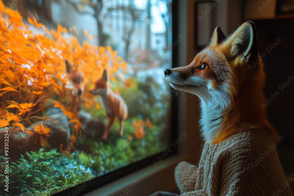 Poster a fox playing in a virtual forest projected onto the walls of a smart home, chasing digital prey,