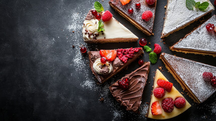 "Top view of an assortment of cake pieces on a messy table, with ample copy space. The table features several slices of delicious desserts, showcasing a variety of flavors and textures, 