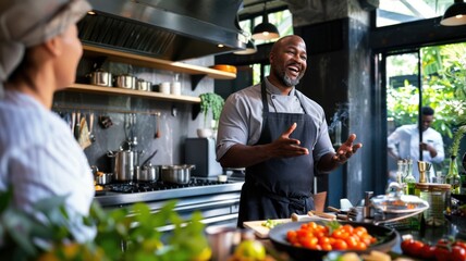 A chef giving a cooking demonstration, wearing a signature outfit