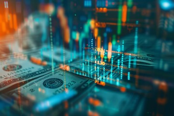 Obraz premium Financial Data Charts Overlaid on US Dollar Bills in a Cyber Trading Environment
