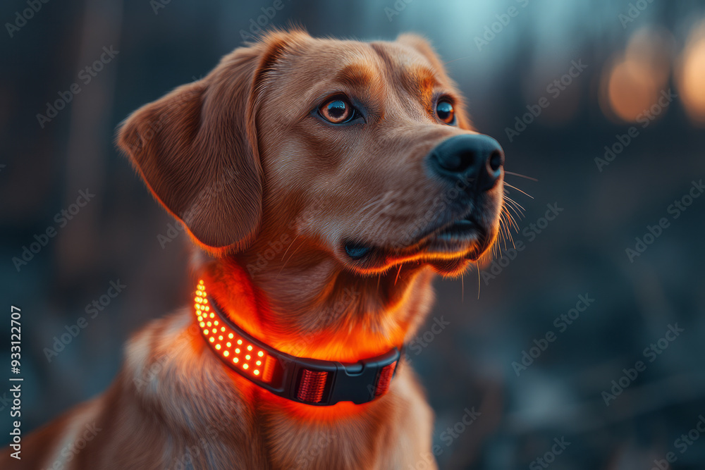 Poster a dog wearing a tech collar that glows in sync with its heart rate, showing its excitement during pl