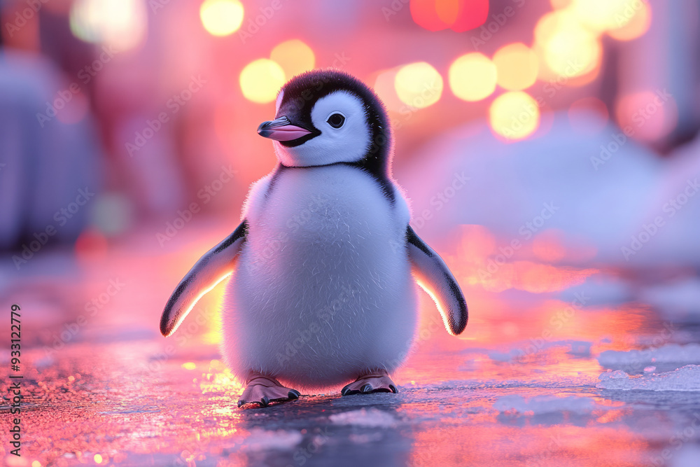 Poster A baby penguin waddling on an interactive ice surface that lights up with every step, creating a playful and engaging environment,
