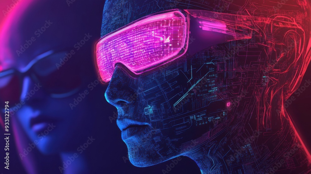 Poster futuristic ai robot profile with illuminated visor and intricate digital patterns in a neon-lit envi