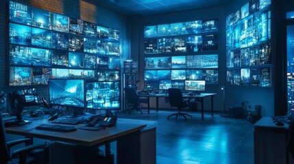 A high-tech control room with multiple screens displaying live CCTV feeds from various locations, emphasizing the technology's effectiveness.