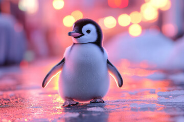 A baby penguin waddling on an interactive ice surface that lights up with every step, creating a playful and engaging environment,