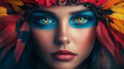  A tight shot of a woman's face adorned with feathers atop her head Her eyes artfully painted blue, yellow, and red