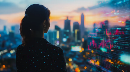 Abstract business man stands on the peak of success amid tall, innovative Smart city and graphs with statistics to analyze business potential and predict future developments in company growth.