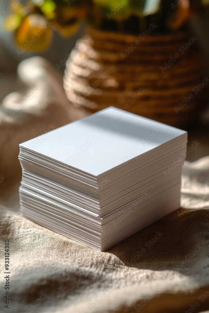 Poster a stack of business cards on a pastel beige background, representing networking and business connect