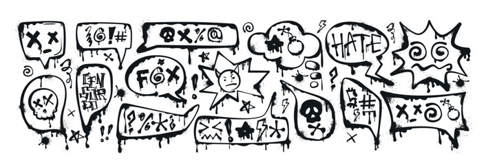 Graffiti spray paint speech bubbles or dialogue boxes with swear words, insults, skull, bomb icon, censored with symbols. Hand drawn inky swearwords with splatters. Negative emotions, anger, bad mood.