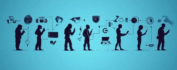 Illustration depicting the evolution of humans from primitive beings to modern technology users in a digital world