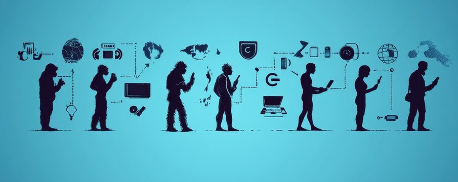 Illustration depicting the evolution of humans from primitive beings to modern technology users in a digital world