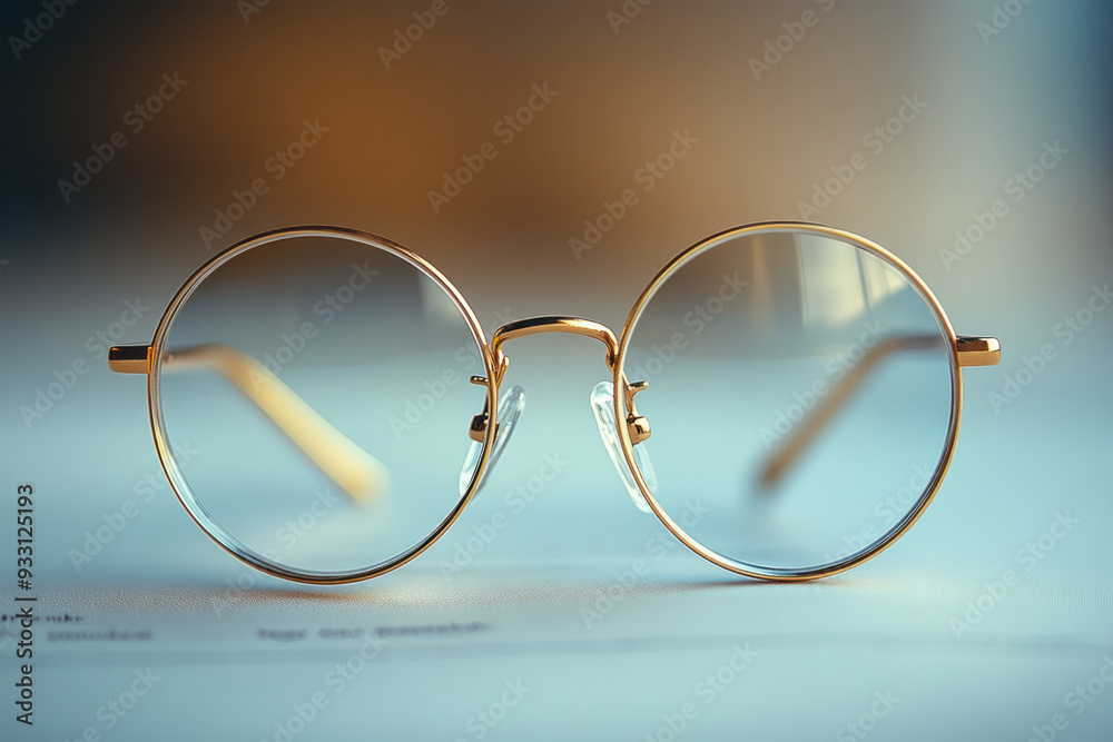 Poster a pair of reading glasses resting on a contract, isolated on a pastel cream background, representing