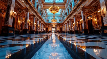 Obraz premium A grand historical hotel with vintage decor opulent chandeliers and classic architecture