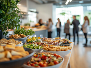 Catering spread with various appetizers and refreshments at a modern event venue