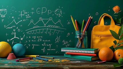 A chalkboard displaying school essentials like chalk, a ruler, and an eraser, with the background featuring hand-drawn equations and creative doodles, capturing the essence of a traditional classroom.