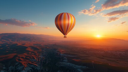 Obraz premium A hot air balloon ride over stunning landscapes with sunrise or sunset hues