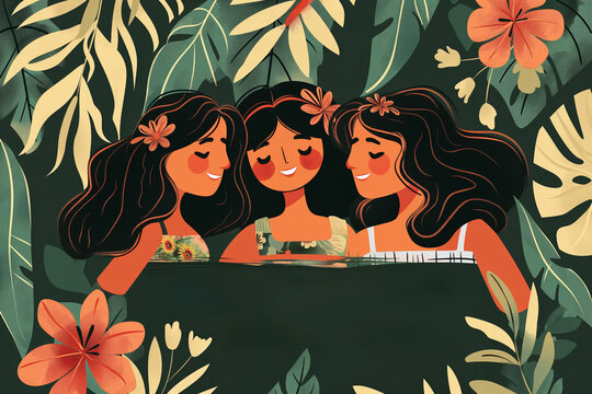 Illustrated tropical friendship greeting card with happy friends. Supportive message. Cheerful bond. And unity. Featuring women