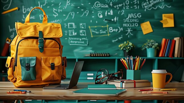 A classroom desk featuring an open, colorful backpack with school supplies spilling out, including notebooks, pens, and a laptop, the background showing a chalkboard filled with equations and doodles,