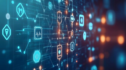 Obraz premium A 3D rendering of a blockchain network integrated into a healthcare system, with glowing nodes and secure data chains connecting various medical icons, illuminated by a cool, futuristic light, set