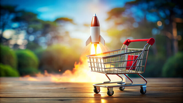 Shopping Cart with Rocket Taking Off.