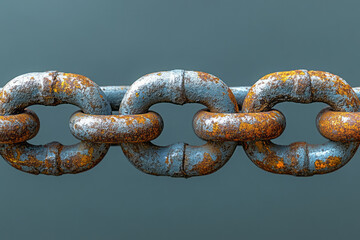 Fototapeta premium A rusted metal chain, isolated on a pastel gray background, representing the decay and weakening of materials,