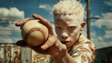 Young albino African boy holding a baseball in his hand. Street baseball in poor urban areas.