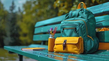 A close-up of an open backpack on a bench, with essentials like a water bottle, snacks, notebooks, and a pencil case partially spilling out, the scene softly lit,