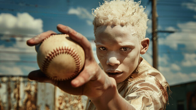 Young albino African boy holding a baseball in his hand. Street baseball in poor urban areas. - Powered by Adobe