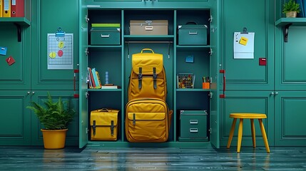 A close-up of an open school locker with a backpack, textbooks, and a few motivational sticky notes on the door, the interior lit by soft, warm lighting,