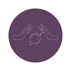 Logo with woman hands and magic ball. Magic logo emblem with mystic ball and female hands vector illustrations minimal linear style. Occult, fortune telling, esoteric sun sign print, poster, banner