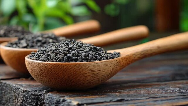 The Wooden spoons hold black seeds placed on a rustic table surrounded by greenery.
