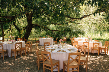 beautiful wedding decor. tables under the tree in the garden