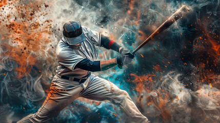 Baseball player hitting ball with bat against background of smoke and flying dirt.