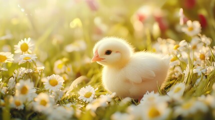 Cute Chick in a Field of Daisies