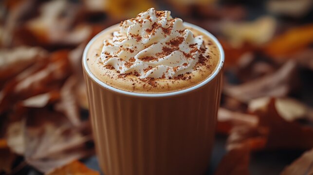Close up of a pumpkin spice latte topped with whipped cream among autumn leaves