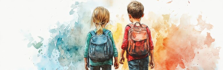 Nostalgic Walk of Two Kids with Backpacks
