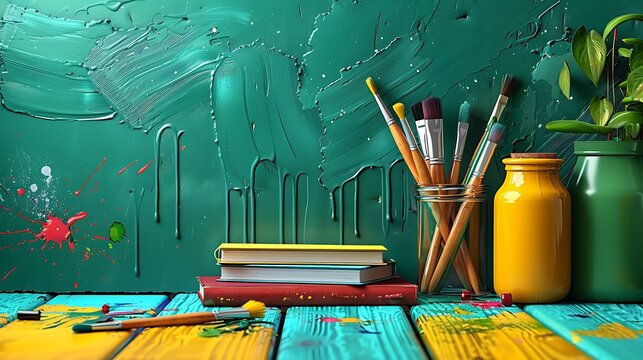 A creative flat lay featuring a mix of art supplies including paintbrushes, watercolor paints, and sketchbooks, displayed on a bright,