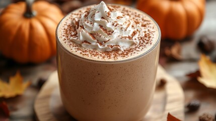 Close up of a pumpkin spice latte topped with whipped cream and surrounded by autumn decorations