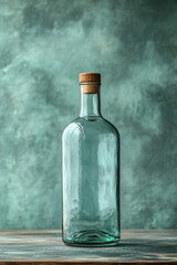 A half-empty bottle of alcohol, isolated on a pastel green background, representing the habit of excessive drinking,