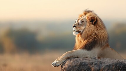 Obraz premium A lion wearing glasses, surveying the savanna at dawn, with golden light highlighting its mane.