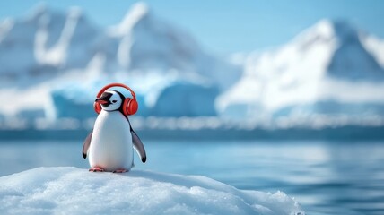 Fototapeta premium A penguin enjoying music with tiny headphones while waddling on ice.