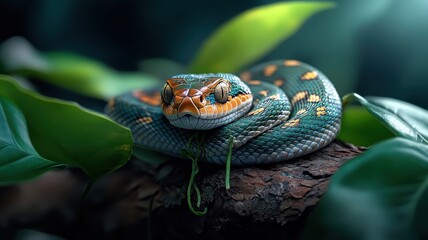 Fototapeta premium A snake resting peacefully on a tree branch, camouflaged in leaves.