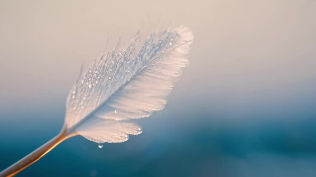 White feather with water droplets clinging to its delicate barbs is set against a minimalist off white background, creating a serene and elegant composition