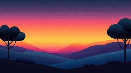 Retro pixel art scene of a sunset over rolling hills, featuring a gradient sky and silhouetted trees