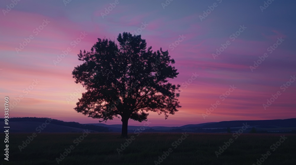 Wall mural silhouetted tree against a vibrant sunset sky