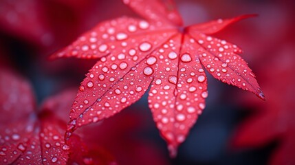 Close up of a vibrant red maple leaf adorned with raindrops after a refreshing rainfall